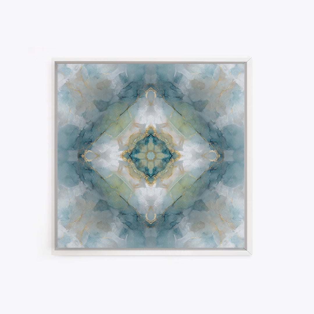 Mandala with Soft Gold and Indigo Symmetry Framed Canvas Print, Meditation Art, Zen Wall Art, Living Room Decor, Stillness, MED-1x1-2