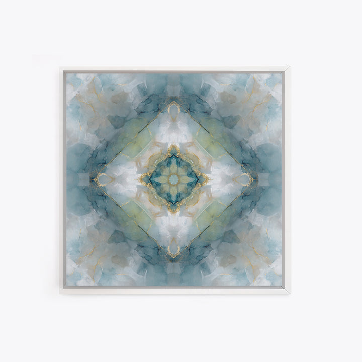 Mandala with Soft Gold and Indigo Symmetry Framed Canvas Print, Meditation Art, Zen Wall Art, Living Room Decor, Stillness, MED-1x1-2