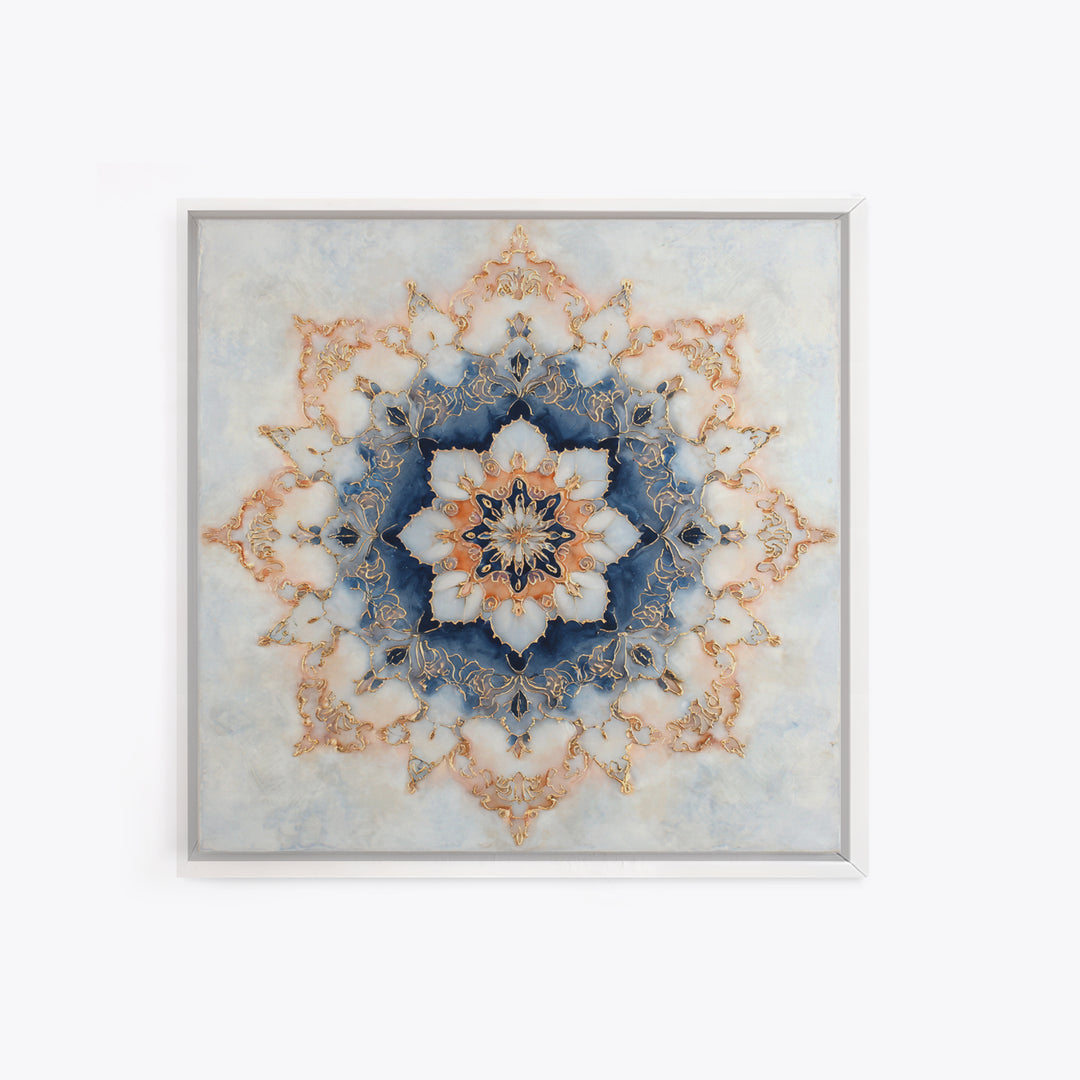 Mandala with Soft Gold and Indigo Symmetry Canvas Print, Meditation Art, Printable Artwork, Living Room Decor, Stillness, MED-1x1-26