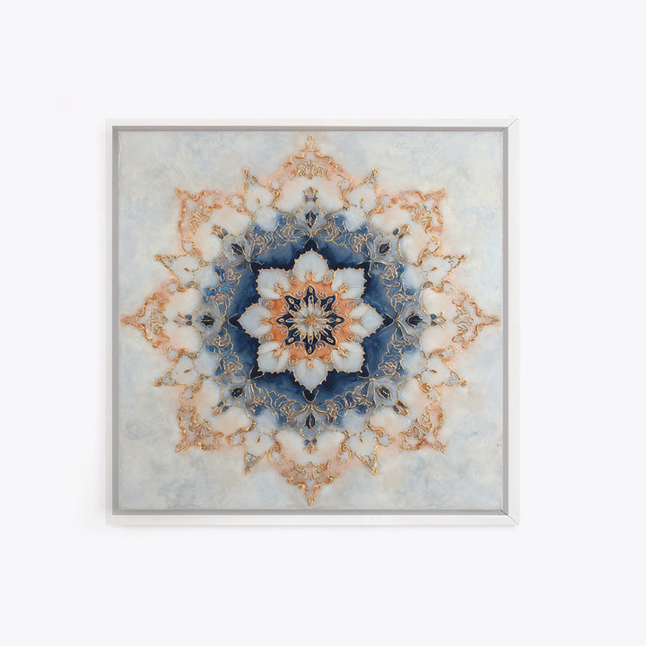 Mandala with Soft Gold and Indigo Symmetry Canvas Print, Meditation Art, Printable Artwork, Living Room Decor, Stillness, MED-1x1-26