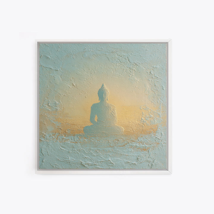 Buddha Silhouette Surrounded by Warm Light Canvas Print, Meditation Art, Neutral Wall Art, Living Room Decor, Stillness, MED-1x1-31