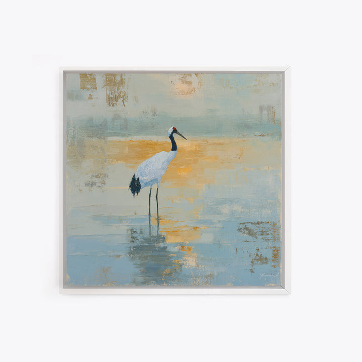 White Crane in Quiet Morning Mist Framed Canvas Print, Meditation Art, Art Print, Living Room Decor, Fine Art, Stillness, MED-1x1-40
