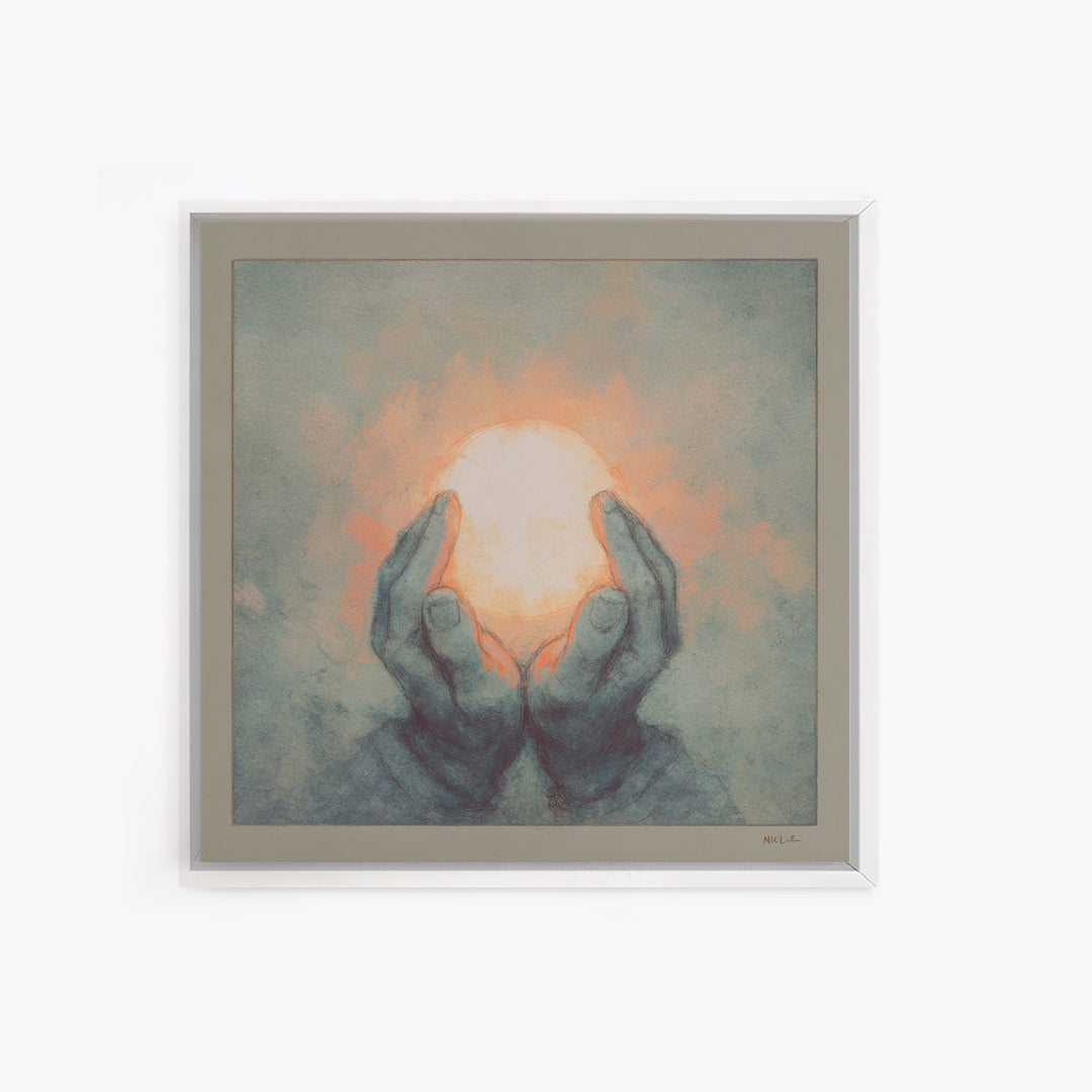Hands Holding a Tiny Glowing Sun Canvas Print, Meditation Art, Contemporary Art, Living Room Decor, Fine Art, Stillness, MED-1x1-60