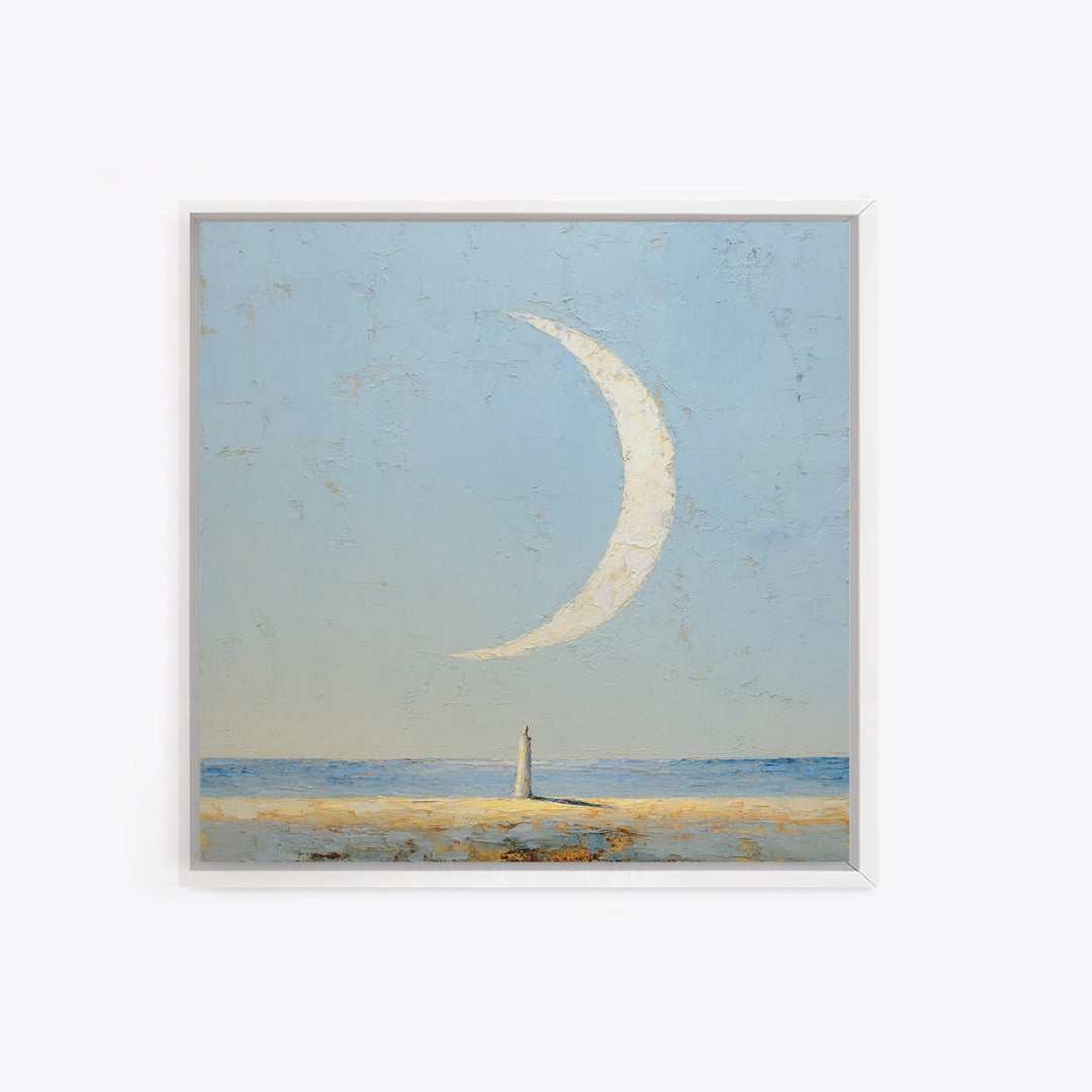 Single Seated Figure Beneath a Crescent Moon Canvas Print, Meditation Art, Statement Artwork, Living Room Decor, Stillness, MED-1x1-75