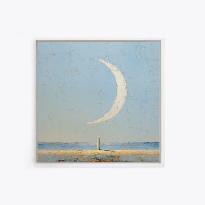 Single Seated Figure Beneath a Crescent Moon Canvas Print, Meditation Art, Statement Artwork, Living Room Decor, Stillness, MED-1x1-75
