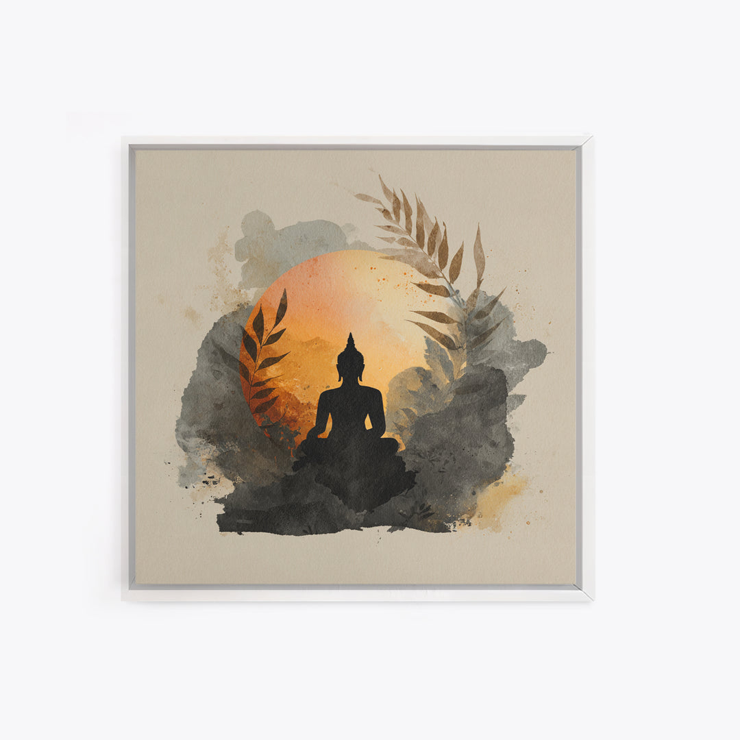 Buddha Silhouette Surrounded by Warm Light Framed Canvas Print, Meditation Art, Boho Decor, Living Room Decor, Oil Painting, MED-1x1-79