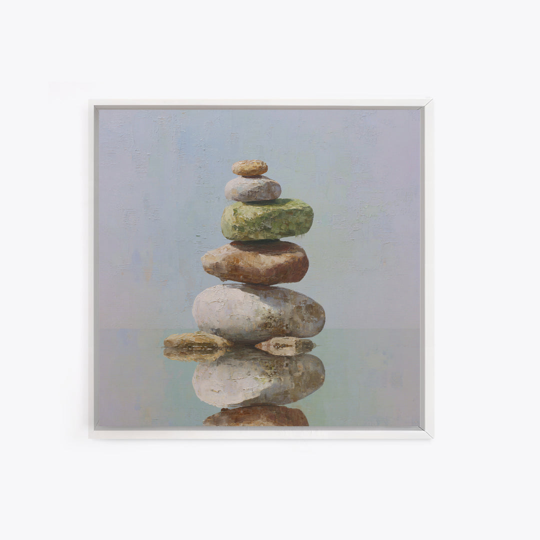 Floating Stones Balanced Above Calm Water Framed Canvas Print, Meditation Art, Digital Print, Living Room Decor, Stillness, MED-1x1-8