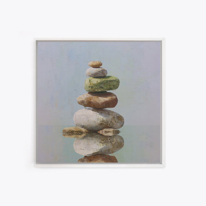 Floating Stones Balanced Above Calm Water Framed Canvas Print, Meditation Art, Digital Print, Living Room Decor, Stillness, MED-1x1-8