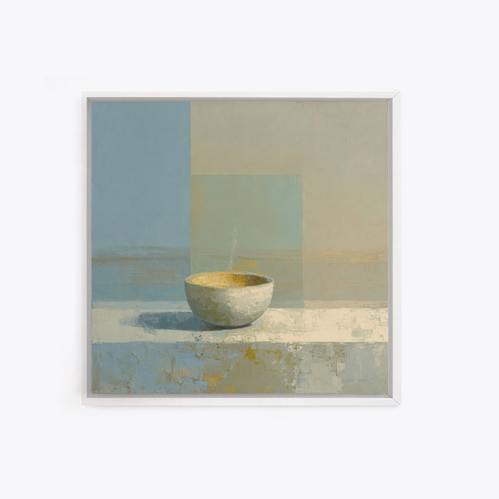 Tea Bowl and Steam Framed Canvas Print, Meditation Art, Wall Art, Living Room Decor, Oil Painting, Stillness, Boho Wall Decor, MED-1x1-93