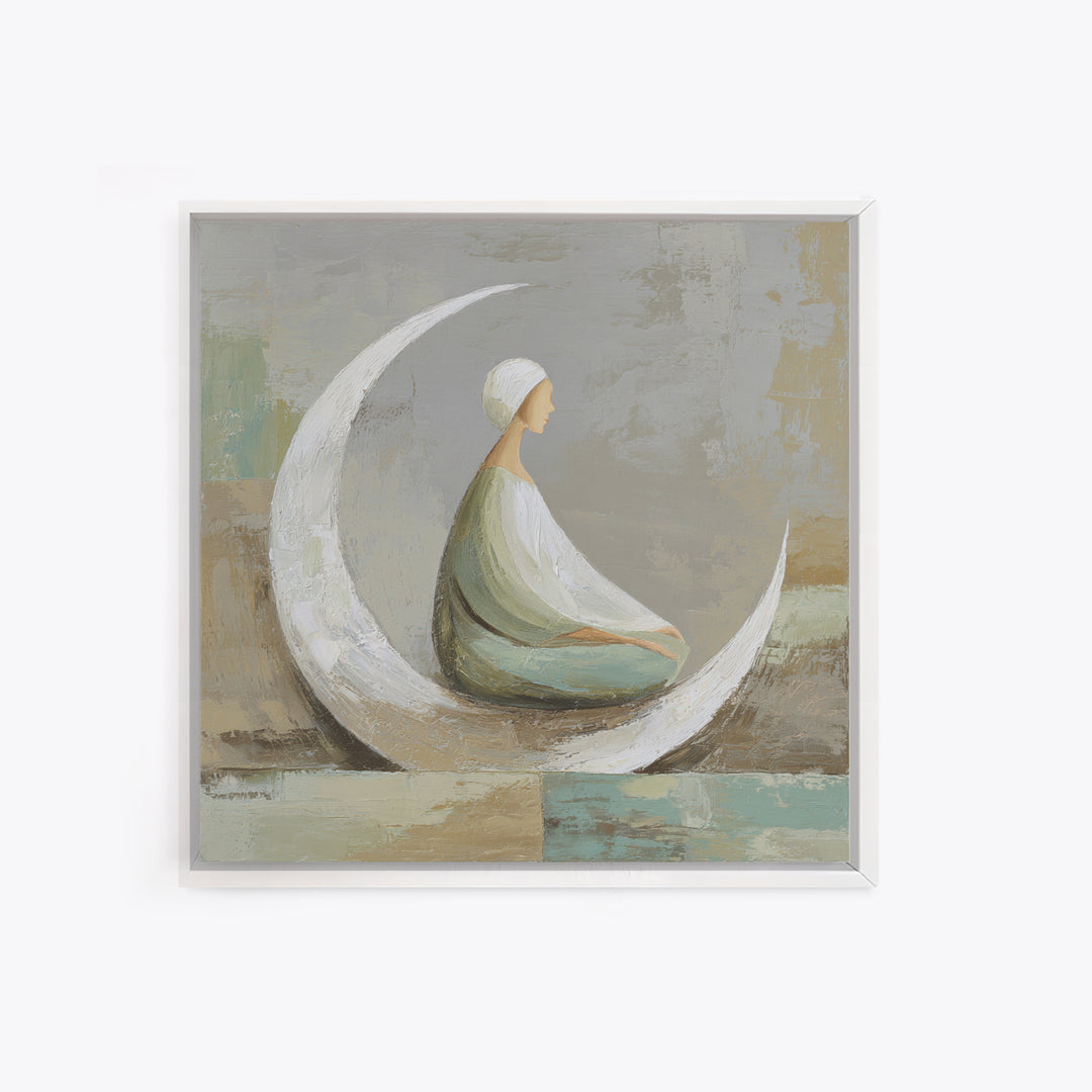Single Seated Figure Beneath a Crescent Moon Canvas Print, Meditation Art, Digital Wall Art, Living Room Decor, Stillness, MED-1x1-99