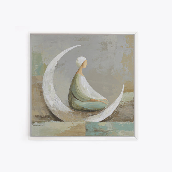 Single Seated Figure Beneath a Crescent Moon Canvas Print, Meditation Art, Digital Wall Art, Living Room Decor, Stillness, MED-1x1-99