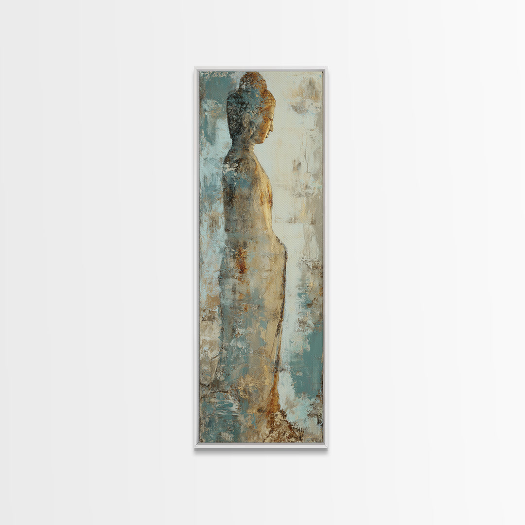 Buddha Silhouette Surrounded by Warm Light Framed Canvas Print, Meditation Art, Boho Wall Decor, Living Room Decor, Stillness, MED-1x3-19