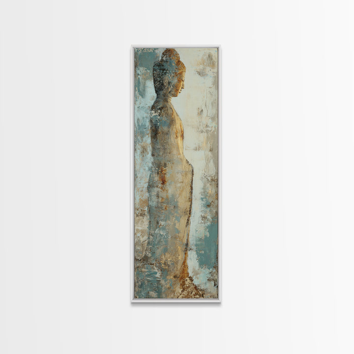 Buddha Silhouette Surrounded by Warm Light Framed Canvas Print, Meditation Art, Boho Wall Decor, Living Room Decor, Stillness, MED-1x3-19