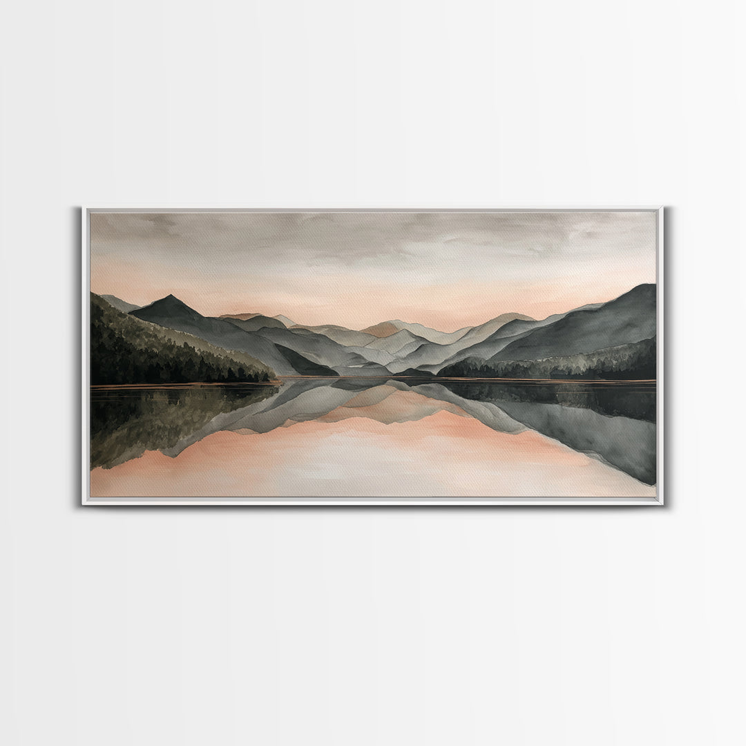 Mountain Lake at Sunrise Framed Canvas Print, Meditation Art, Digital Print, Living Room Decor, Oil Painting, Stillness, MED-2x1-1