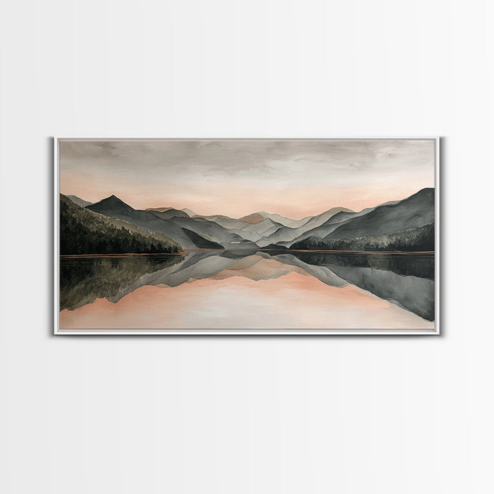 Mountain Lake at Sunrise Framed Canvas Print, Meditation Art, Digital Print, Living Room Decor, Oil Painting, Stillness, MED-2x1-1