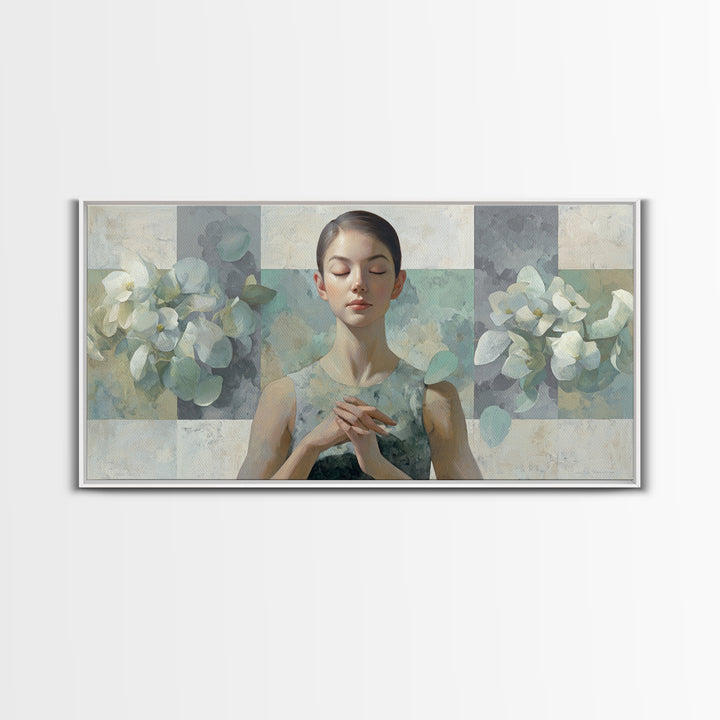 Calm Face Portrait Framed Canvas Print, Meditation Art, Statement Artwork, Living Room Decor, Fine Art, Stillness, Art Deco, MED-2x1-20
