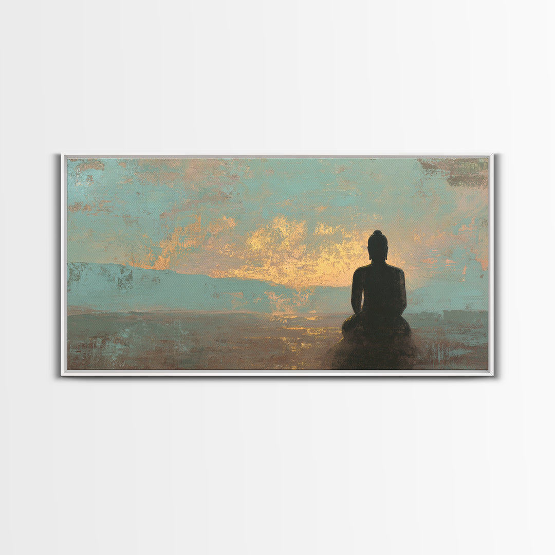 Buddha Silhouette Surrounded by Warm Light Framed Canvas Print, Meditation Art, Boho Wall Decor, Living Room Decor, Stillness, MED-2x1-3
