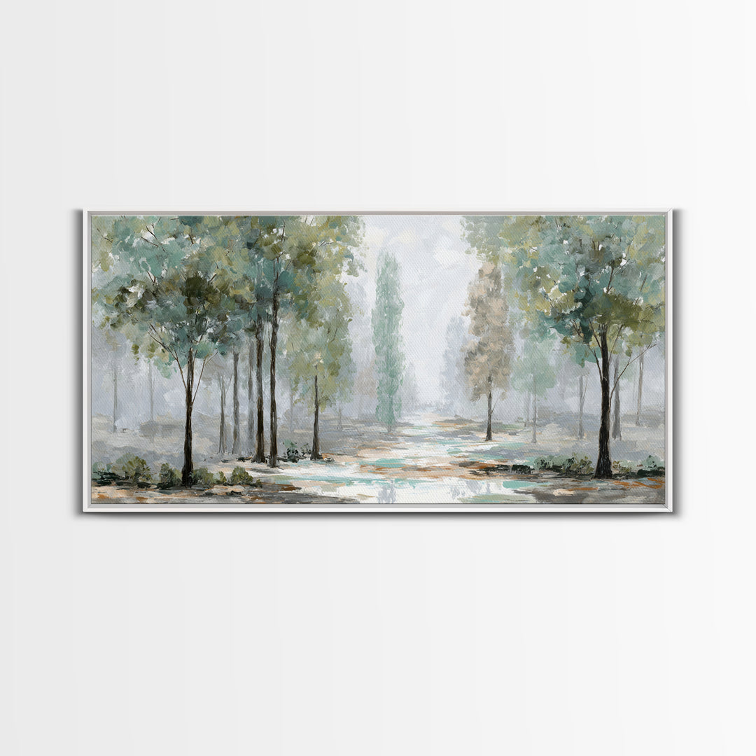 Misty Forest Path Framed Canvas Print, Meditation Art, Art Deco, Living Room Decor, Fine Art, Stillness, Digital Download Art, MED-2x1-33