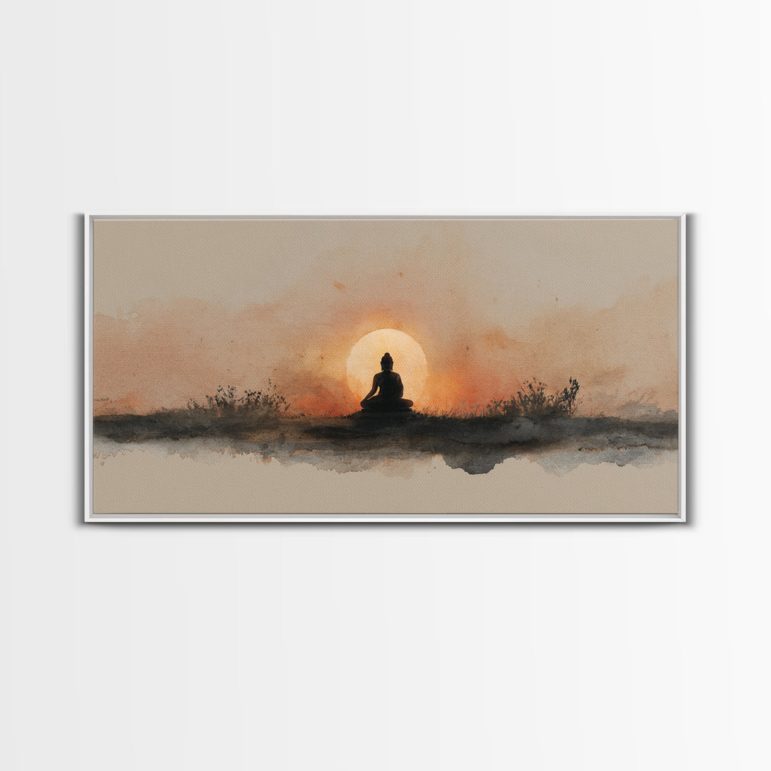 Buddha Silhouette Surrounded by Warm Light Canvas Print, Meditation Art, Gallery Wall Art, Living Room Decor, Stillness, MED-2x1-51