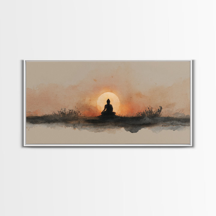 Buddha Silhouette Surrounded by Warm Light Canvas Print, Meditation Art, Gallery Wall Art, Living Room Decor, Stillness, MED-2x1-51