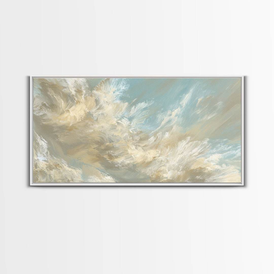 Angelic Light Rays Through Abstract Clouds Framed Canvas Print, Meditation Art, Canvas Art, Living Room Decor, Stillness, MED-2x1-90