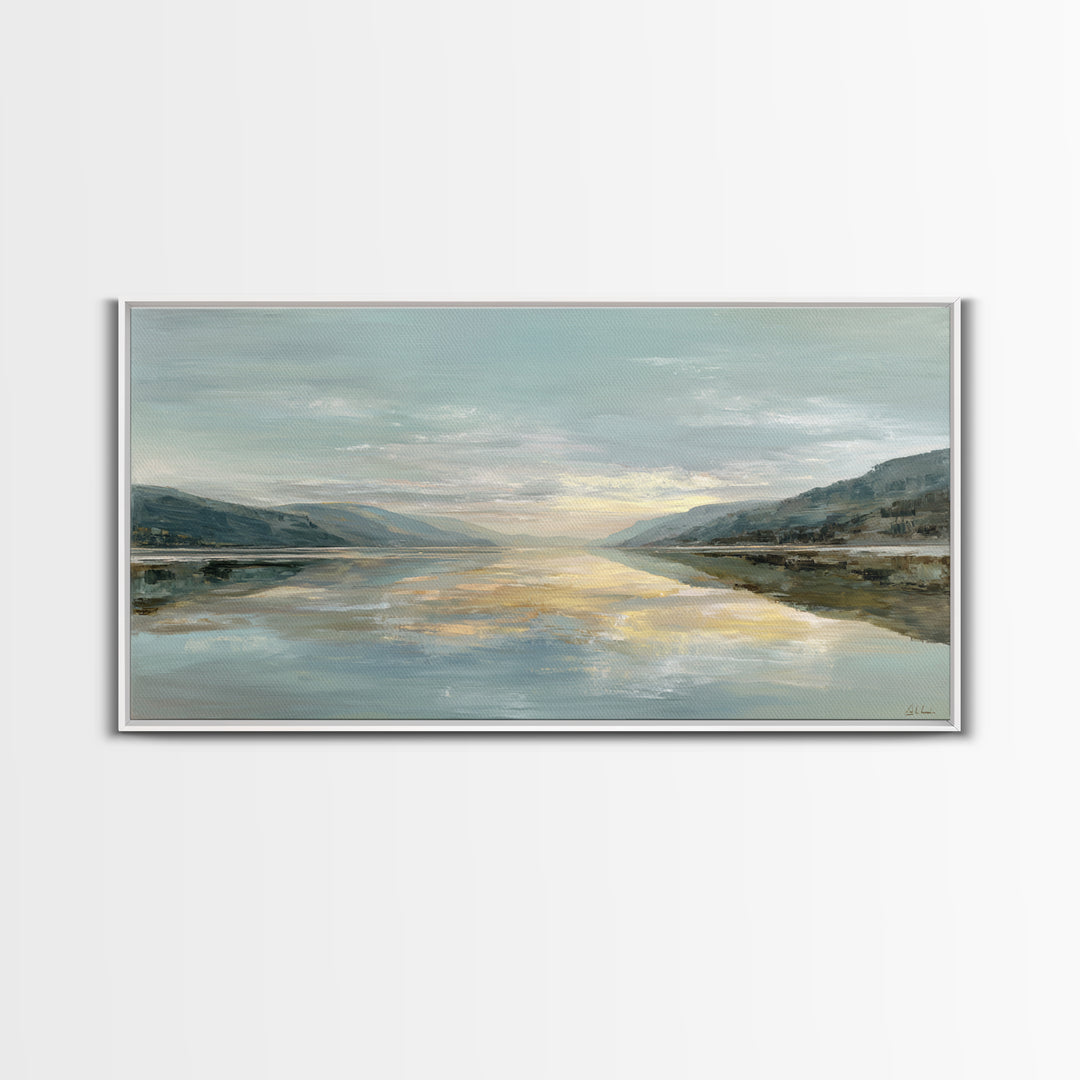 Mountain Lake at Sunrise Framed Canvas Print, Meditation Art, Mandala Wall Art, Living Room Decor, Fine Art, Stillness, MED-2x1-97