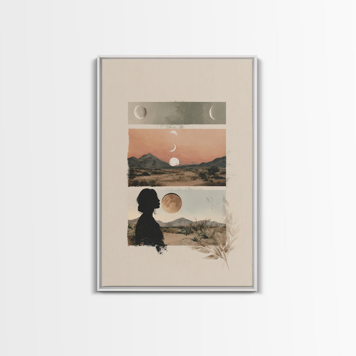 Moon Phases over a Quiet Desert Framed Canvas Print, Meditation Art, Modern Wall Art, Living Room Decor, Fine Art, Stillness, MED-2x3-17