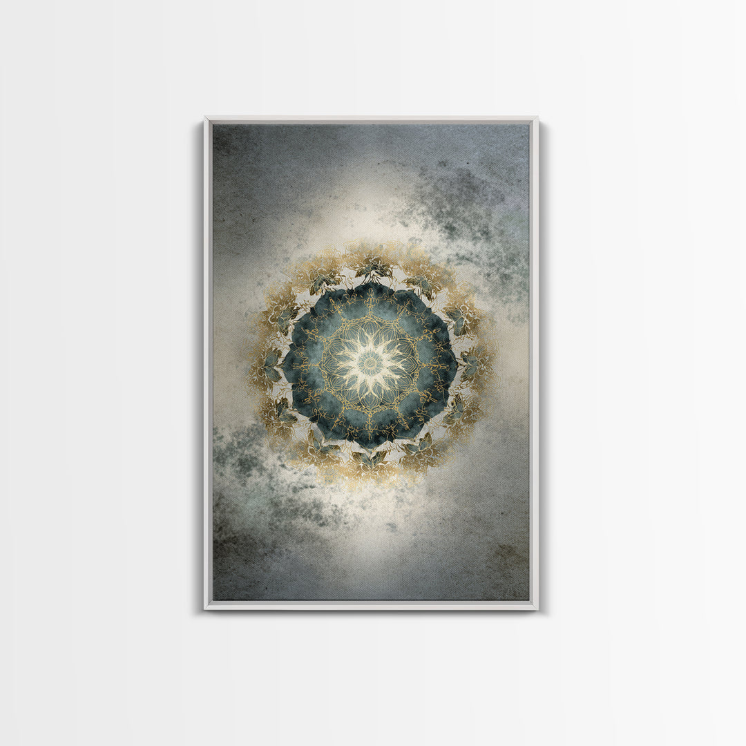 Mandala with Soft Gold and Indigo Symmetry Framed Canvas Print, Meditation Art, Original Art, Living Room Decor, Stillness, MED-2x3-34