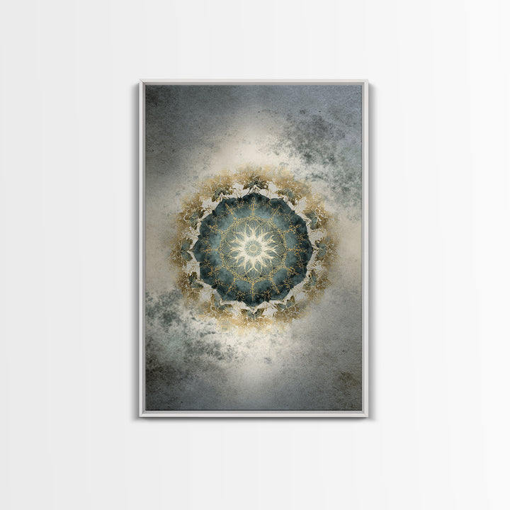 Mandala with Soft Gold and Indigo Symmetry Framed Canvas Print, Meditation Art, Original Art, Living Room Decor, Stillness, MED-2x3-34