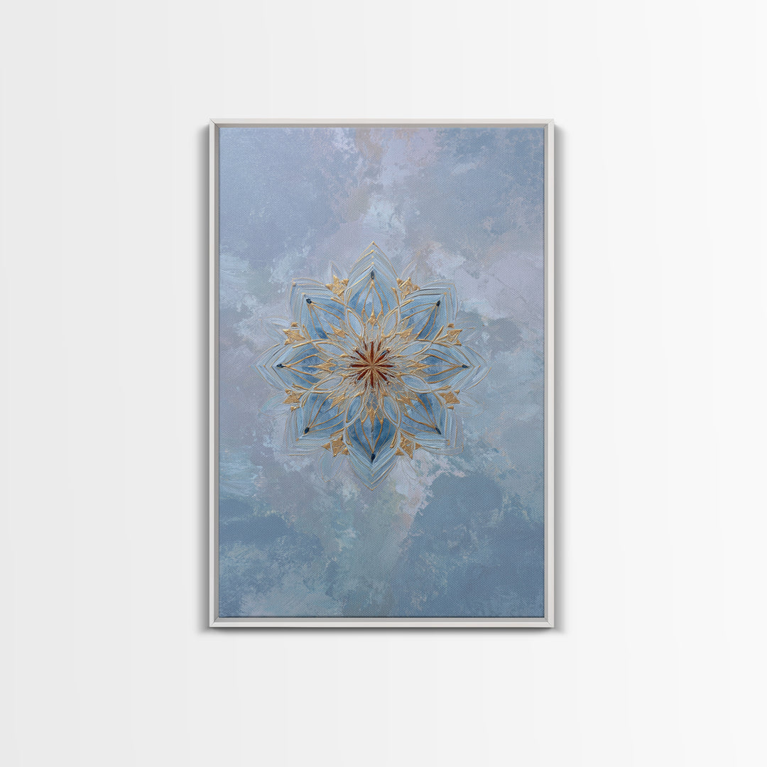 Mandala with Soft Gold and Indigo Symmetry Canvas Print, Meditation Art, Boho Wall Art, Living Room Decor, Fine Art, Stillness, MED-2x3-82
