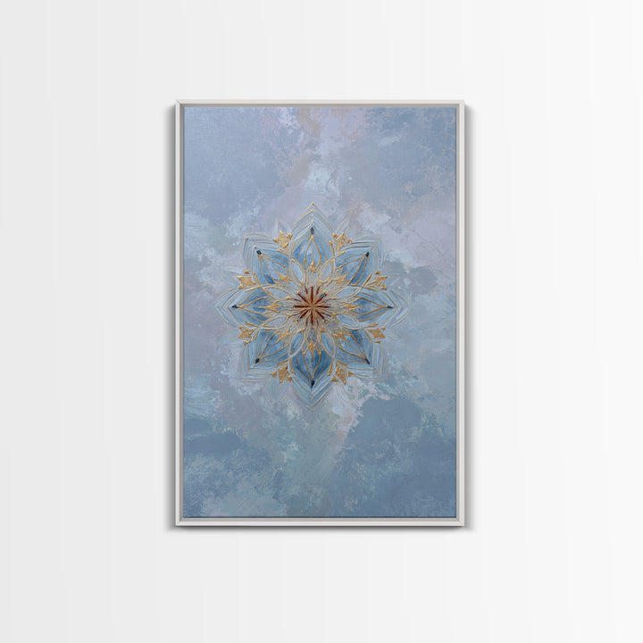 Mandala with Soft Gold and Indigo Symmetry Canvas Print, Meditation Art, Boho Wall Art, Living Room Decor, Fine Art, Stillness, MED-2x3-82