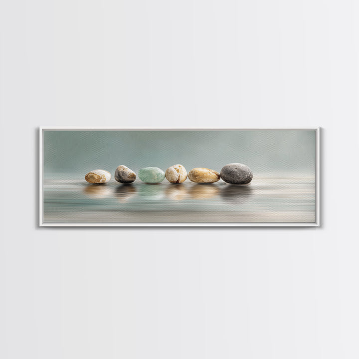 Floating Stones Balanced Above Calm Water Canvas Print, Meditation Art, Printable Artwork, Living Room Decor, Stillness, MED-3x1-24