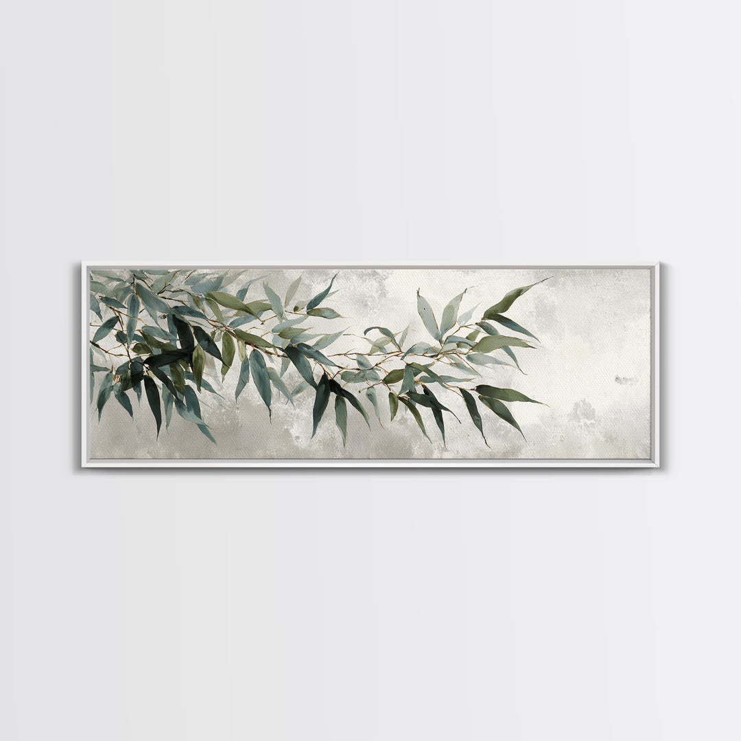 Bamboo Leaves in Gentle Ink Wash Framed Canvas Print, Meditation Art, Room Decor, Living Room Decor, Fine Art, Stillness, MED-3x1-27