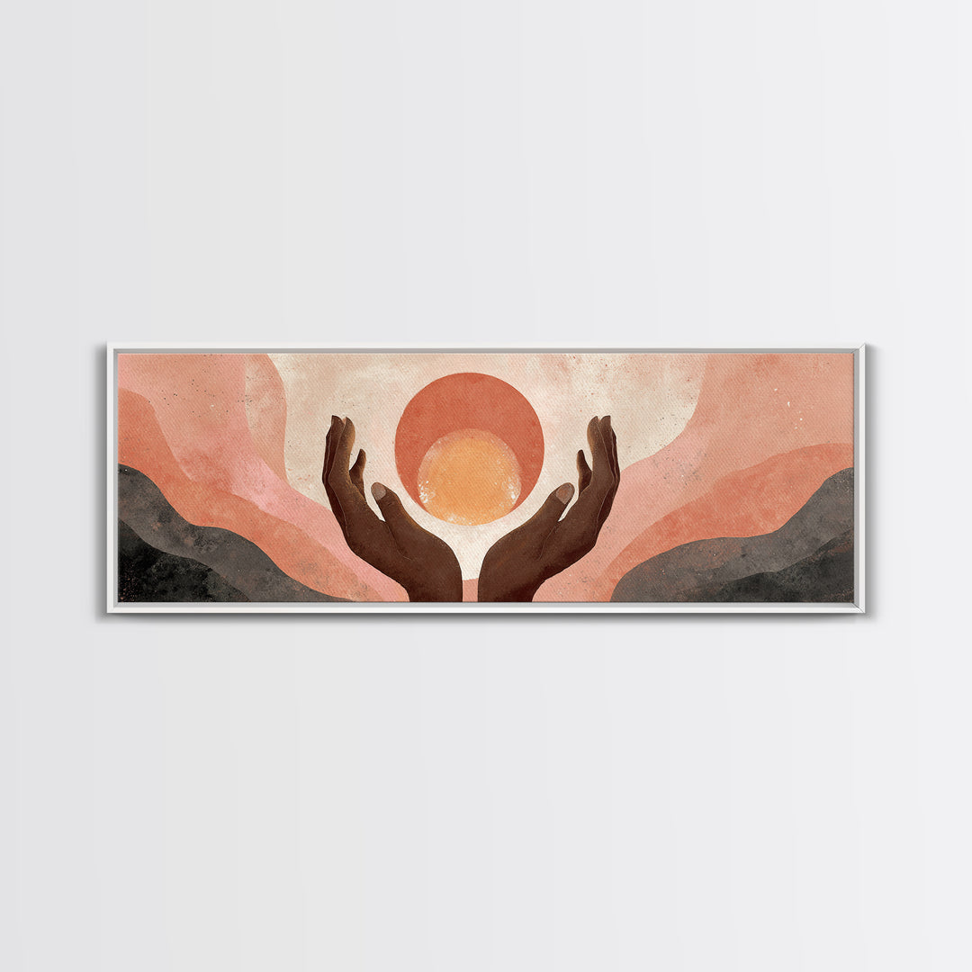 Hands Holding a Tiny Glowing Sun Canvas Print, Meditation Art, Spiritual Wall Art, Living Room Decor, Watercolor Art, Stillness, MED-3x1-4