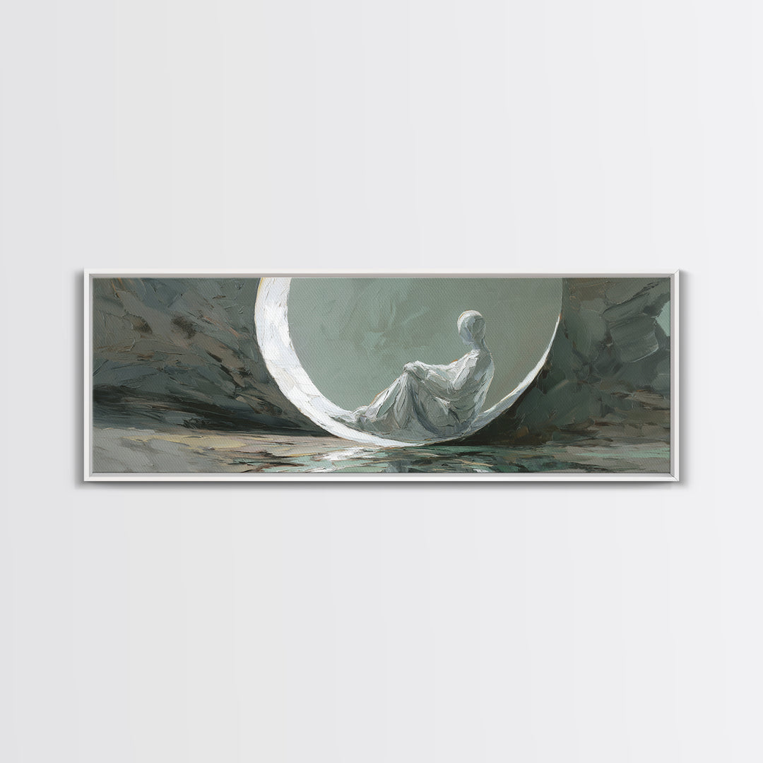 Single Seated Figure Beneath a Crescent Moon Canvas Print, Meditation Art, Abstract Art, Living Room Decor, Fine Art, Stillness, MED-3x1-43