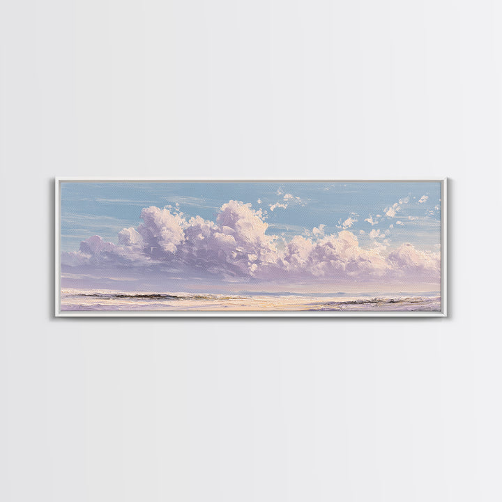 Gentle Cloudscape in Lavender and Cream Framed Canvas Print, Meditation Art, Art Deco, Living Room Decor, Fine Art, Stillness, MED-3x1-59