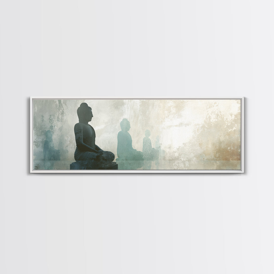Buddha Silhouette Surrounded by Warm Light Canvas Print, Meditation Art, Boho Wall Decor, Living Room Decor, Stillness, MED-3x1-71