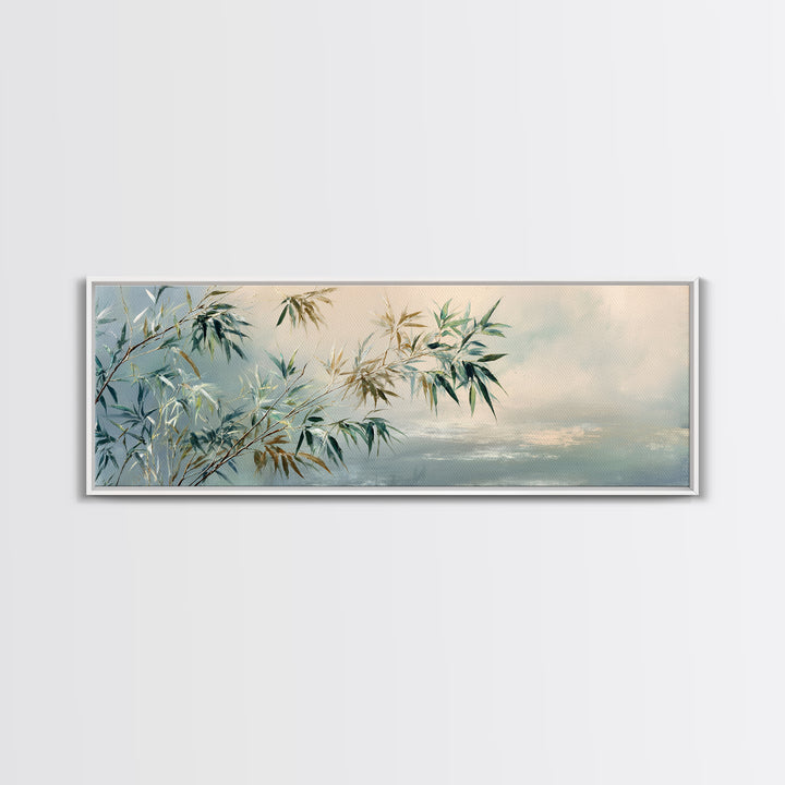 Bamboo Leaves in Gentle Ink Wash Canvas Print, Meditation Art, Floral Wall Art, Living Room Decor, Fine Art, Stillness, MED-3x1-75