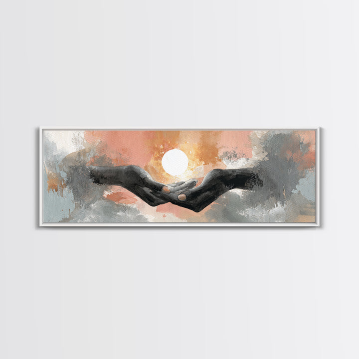 Hands Holding a Tiny Glowing Sun Canvas Print, Meditation Art, Digital Wall Art, Living Room Decor, Fine Art, Stillness, MED-3x1-76