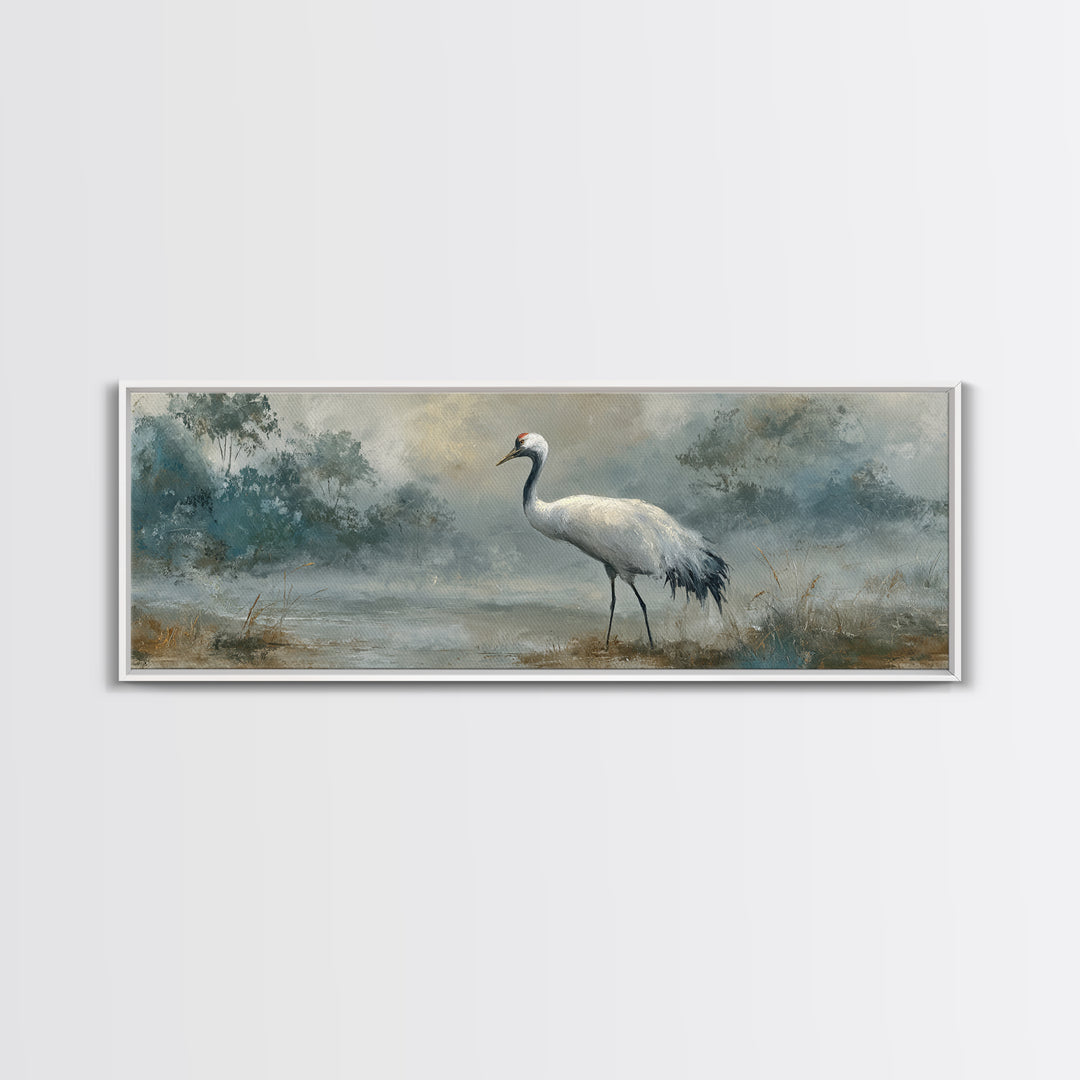 White Crane in Quiet Morning Mist Canvas Print, Meditation Art, Buddha Wall Art, Living Room Decor, Fine Art, Stillness, MED-3x1-8