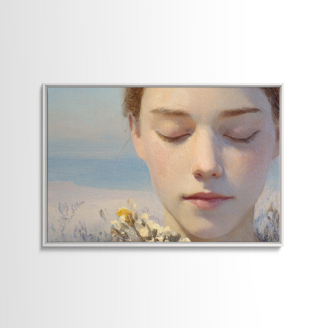 Calm Face Portrait Framed Canvas Print, Meditation Art, Contemporary Art, Living Room Decor, Fine Art, Stillness, Modern Decor, MED-3x2-28