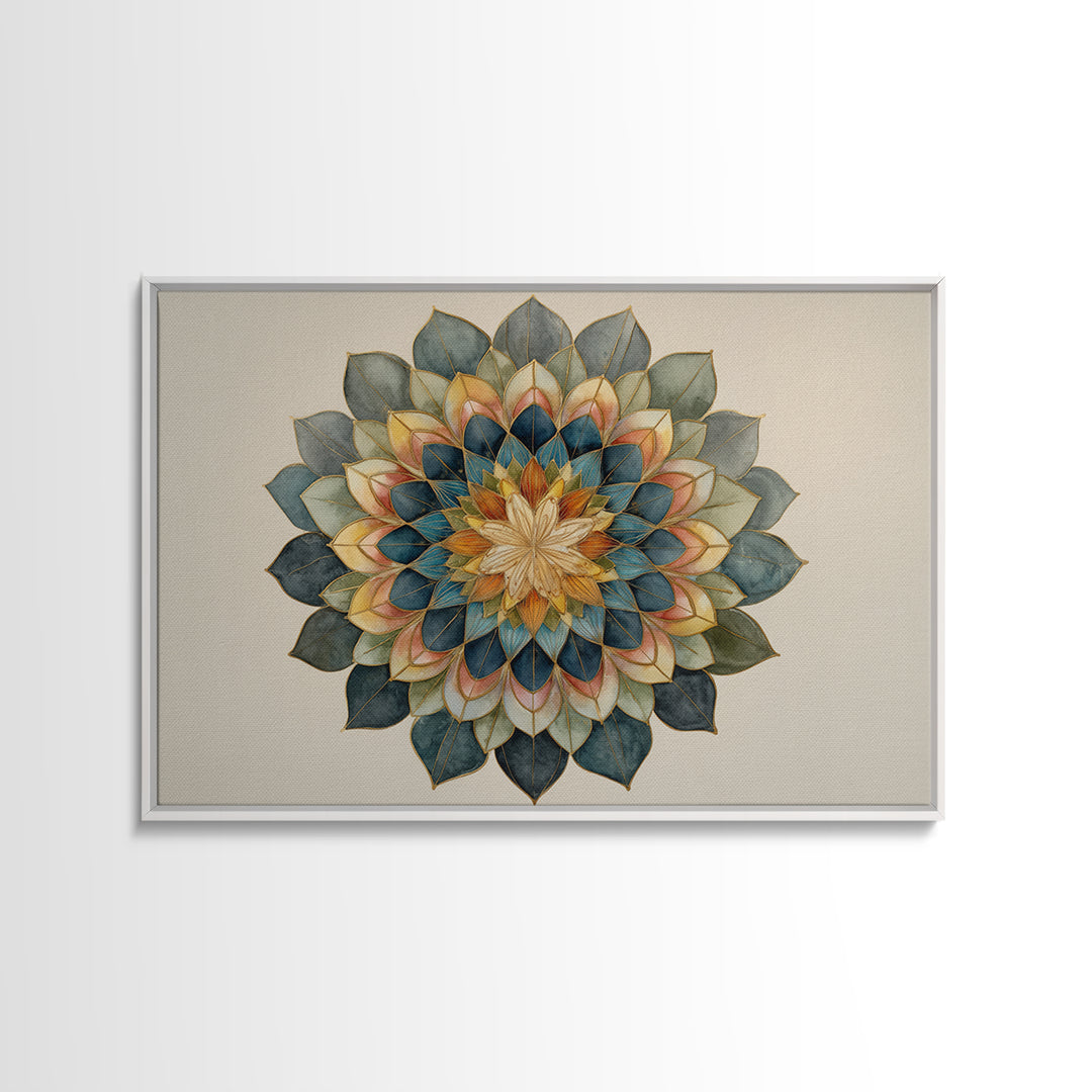 Mandala with Soft Gold and Indigo Symmetry Canvas Print, Meditation Art, Zen Wall Art, Living Room Decor, Fine Art, Stillness, MED-3x2-30