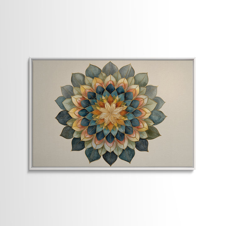 Mandala with Soft Gold and Indigo Symmetry Canvas Print, Meditation Art, Zen Wall Art, Living Room Decor, Fine Art, Stillness, MED-3x2-30