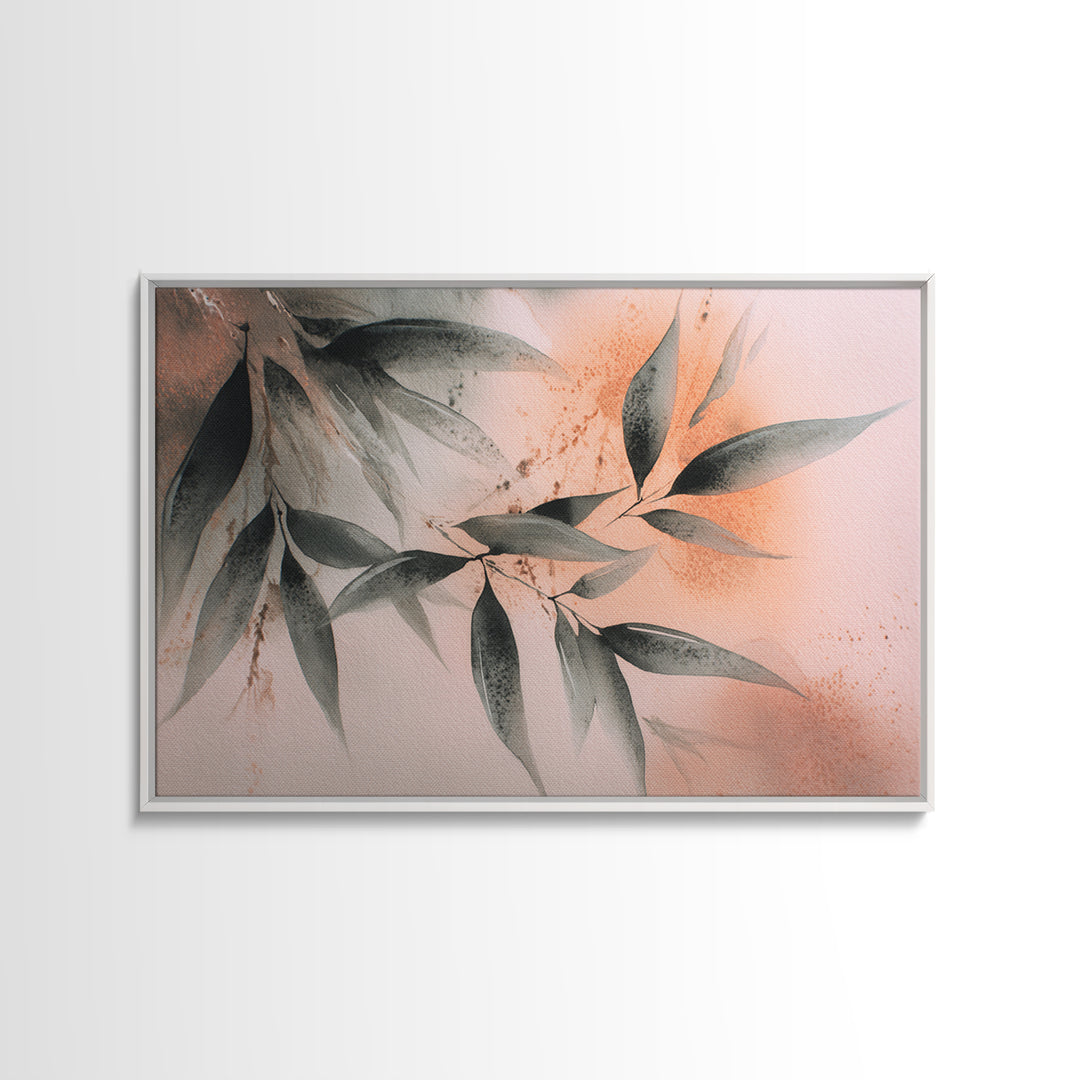 Bamboo Leaves in Gentle Ink Wash Framed Canvas Print, Meditation Art, Minimalist Decor, Living Room Decor, Fine Art, Stillness, MED-3x2-39