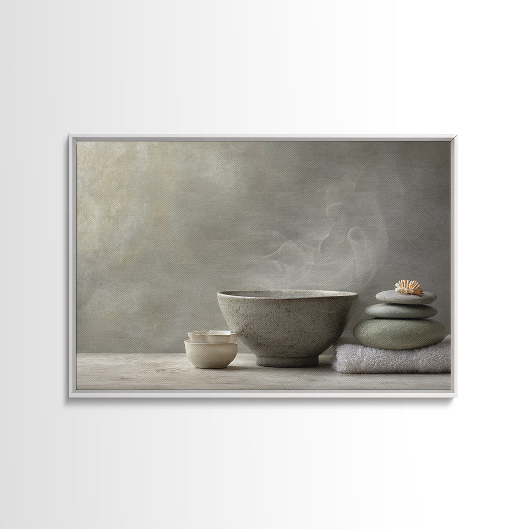 Tea Bowl and Steam Canvas Print, Meditation Art, Neutral Decor, Living Room Decor, Fine Art, Stillness, Home Decor, Wall Decor, MED-3x2-49
