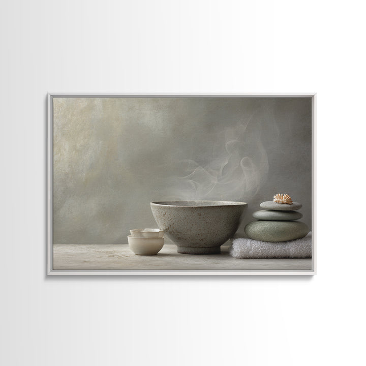 Tea Bowl and Steam Canvas Print, Meditation Art, Neutral Decor, Living Room Decor, Fine Art, Stillness, Home Decor, Wall Decor, MED-3x2-49