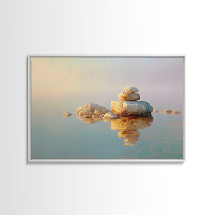 Floating Stones Balanced Above Calm Water Framed Canvas Print, Meditation Art, Room Decor, Living Room Decor, Stillness, MED-3x2-60