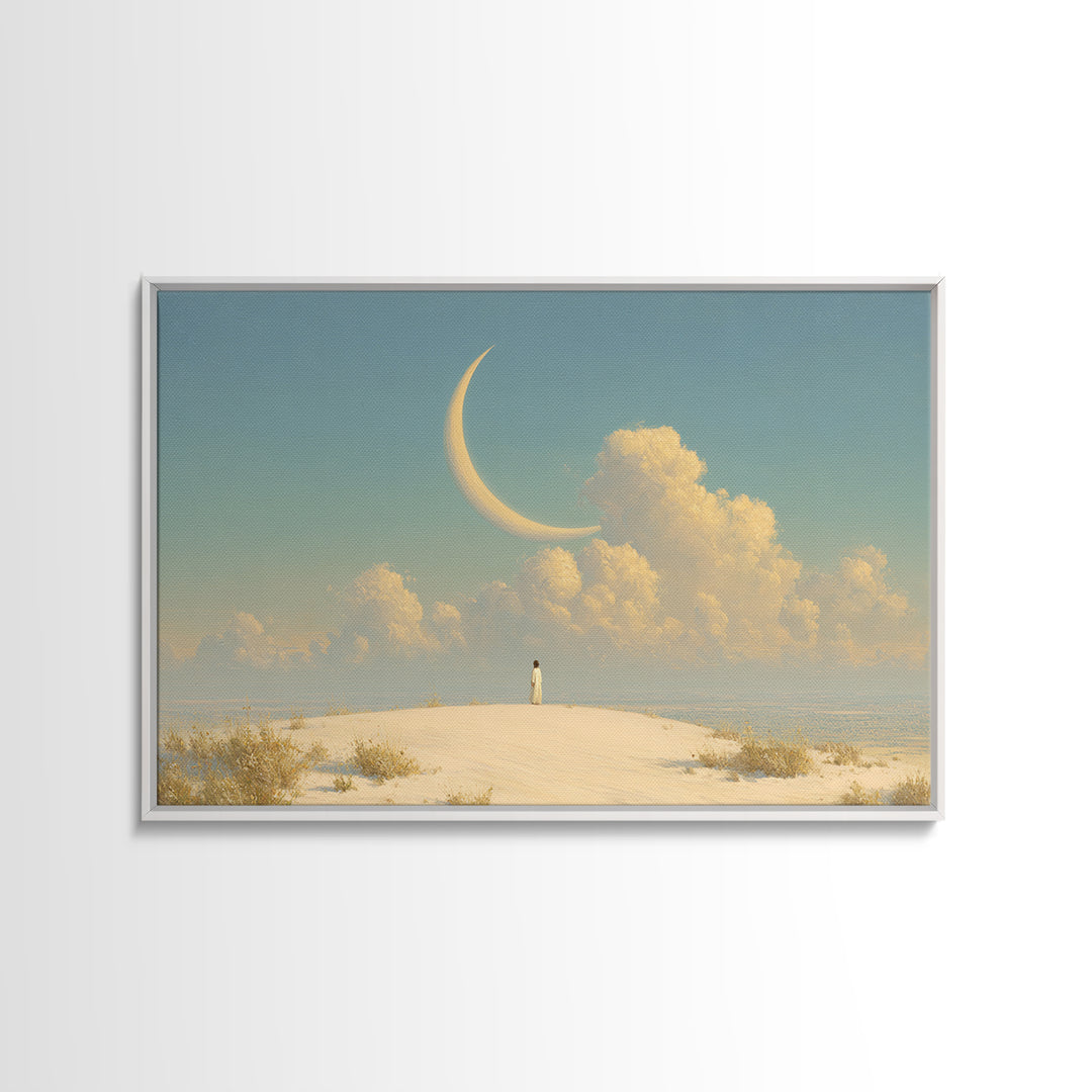 Single Seated Figure Beneath a Crescent Moon Canvas Print, Meditation Art, Modern Wall Art, Living Room Decor, Stillness, MED-3x2-7
