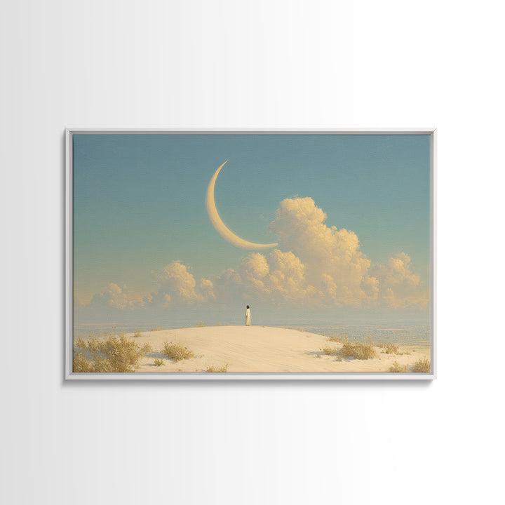 Single Seated Figure Beneath a Crescent Moon Canvas Print, Meditation Art, Modern Wall Art, Living Room Decor, Stillness, MED-3x2-7