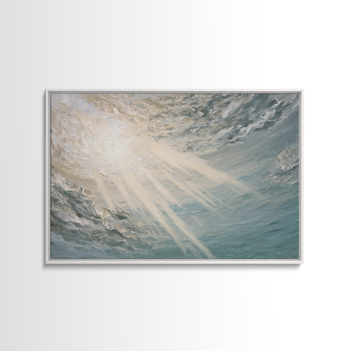 Angelic Light Rays Through Abstract Clouds Framed Canvas Print, Meditation Art, Minimalist Art, Living Room Decor, Stillness, MED-3x2-74